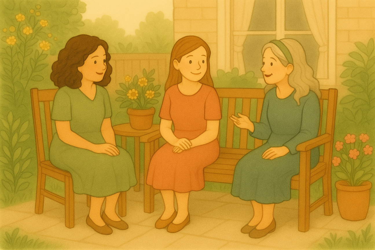 Storybook-style illustration of three women sitting on a cozy backyard patio, chatting among potted flowers and greenery. Each wears a soft, casual dress, with warm sunlight and peaceful garden details adding to the relaxed, inviting scene.