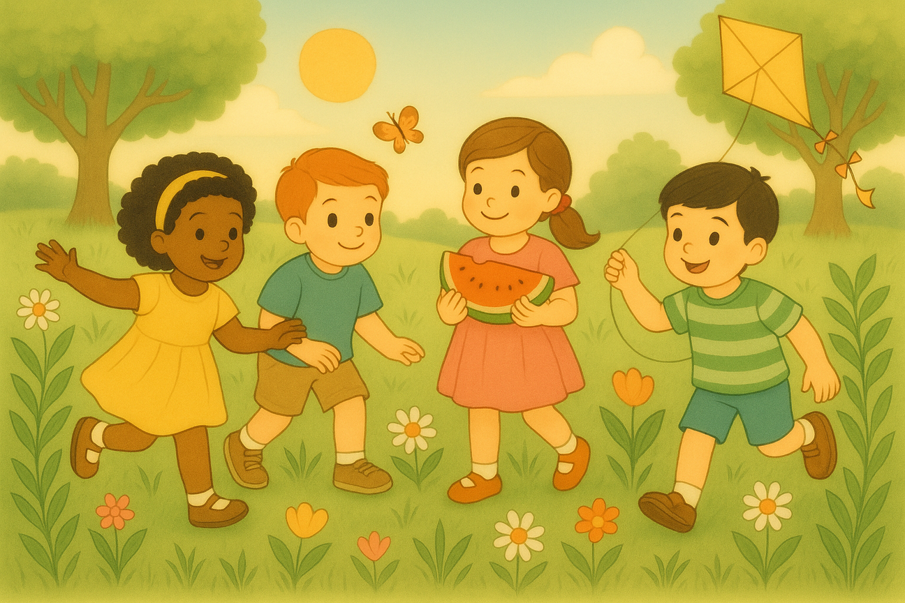 Storybook-style illustration of four children playing in a sunny spring-summer meadow with blooming flowers. One girl runs, one holds a watermelon slice, another flies a kite, and a butterfly flutters above under a bright sun.