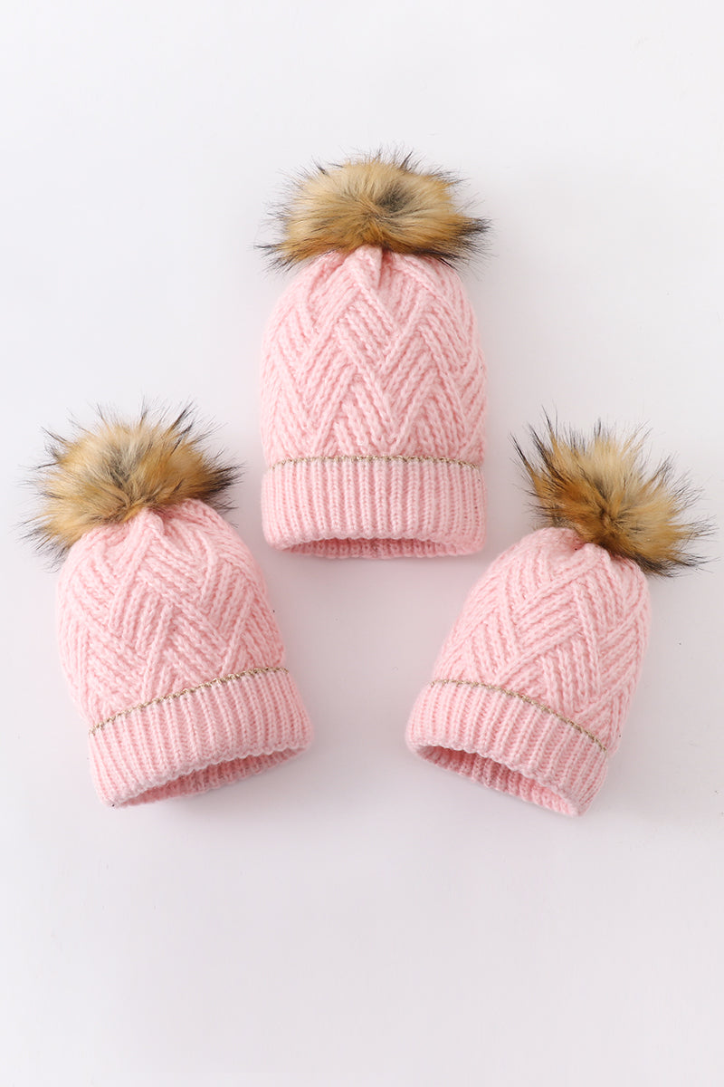 Cozy Pink Herringbone Knit Pom-Pom Beanie Hats for Baby, Toddlers and Adults by Abby & Evie