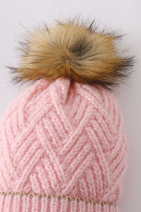 Cozy Pink Herringbone Knit Pom-Pom Beanie Hats for Baby, Toddlers and Adults by Honey Bean