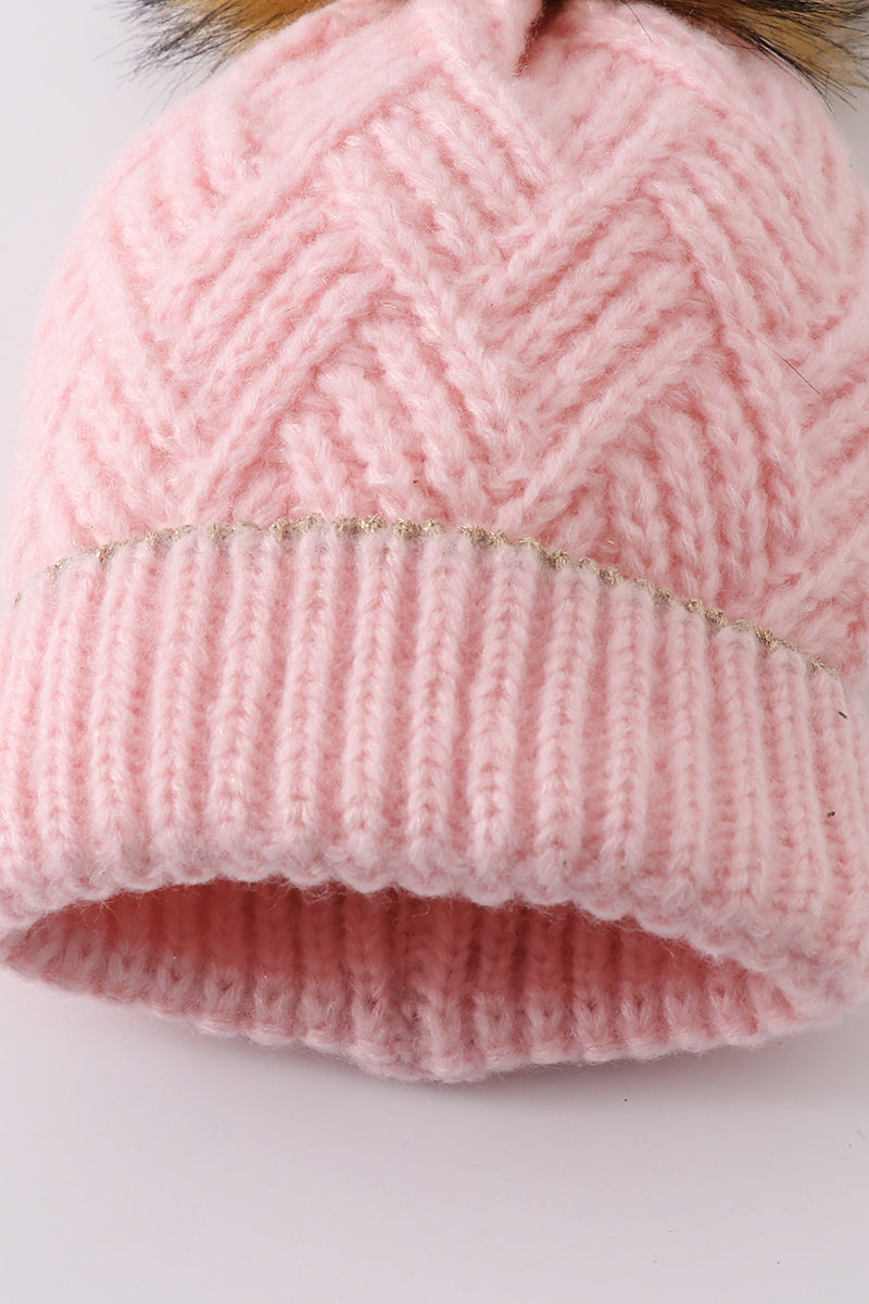 Cozy Pink Herringbone Knit Pom-Pom Beanie Hats for Baby, Toddlers and Adults by Honey Bean