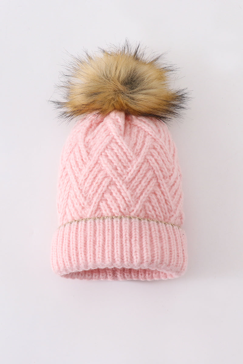 Cozy Pink Herringbone Knit Pom-Pom Beanie Hats for Baby, Toddlers and Adults by Honey Bean