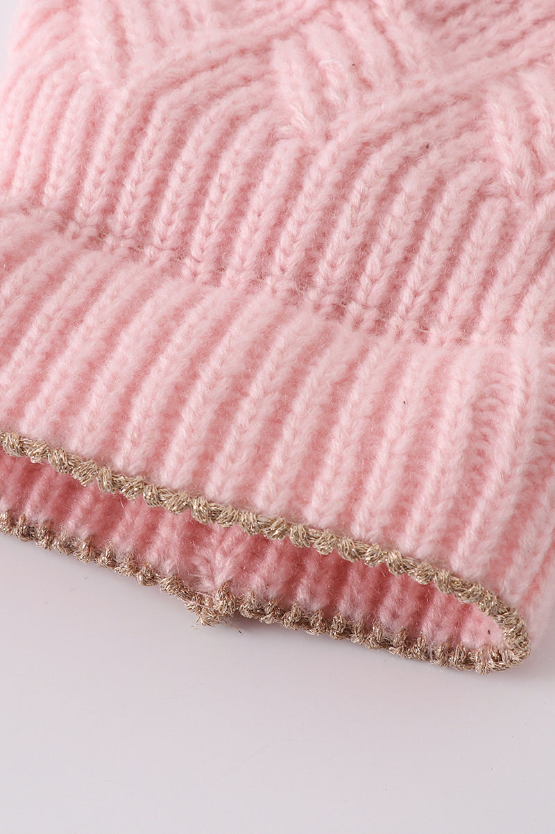 Cozy Pink Herringbone Knit Pom-Pom Beanie Hats for Baby, Toddlers and Adults by Honey Bean