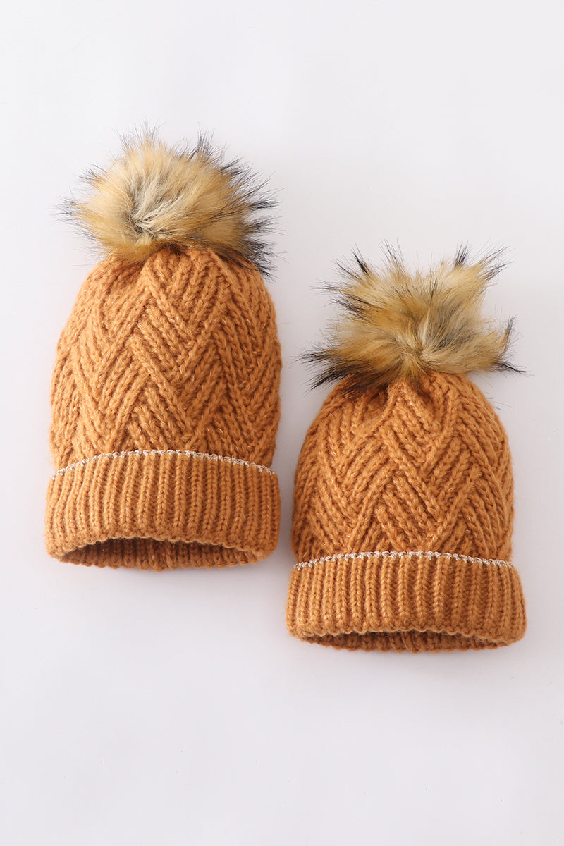 Camel Herringbone Pom-Pom Cozy Beanie Hats for Baby, Toddlers and Adults by Honey Bean