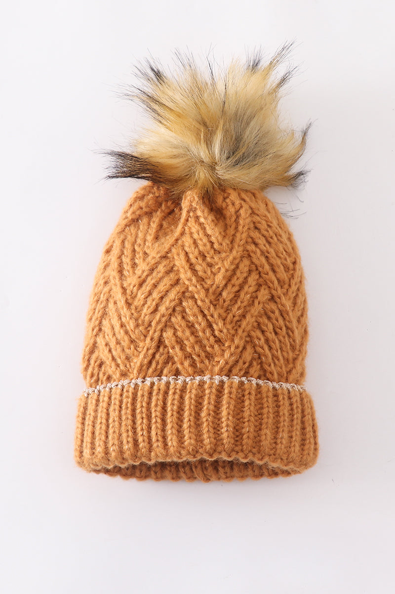 Camel Herringbone Pom-Pom Cozy Beanie Hats for Baby, Toddlers and Adults by Honey Bean