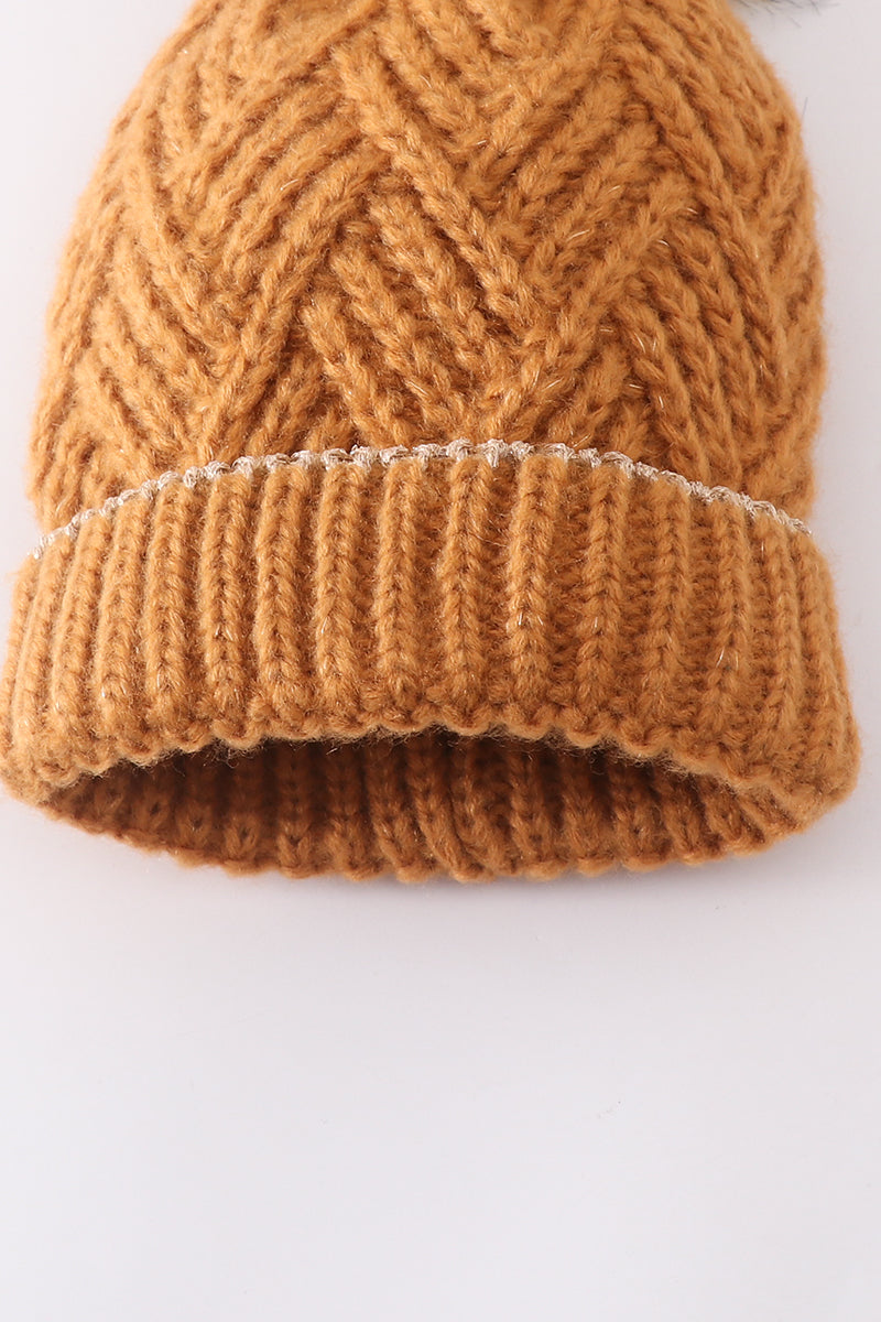 Camel Herringbone Pom-Pom Cozy Beanie Hats for Baby, Toddlers and Adults by Honey Bean