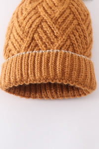 Camel Herringbone Pom-Pom Cozy Beanie Hats for Baby, Toddlers and Adults by Honey Bean