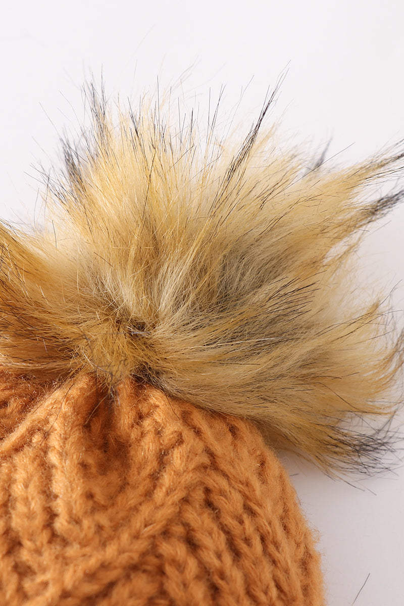 Camel Herringbone Pom-Pom Cozy Beanie Hats for Baby, Toddlers and Adults by Honey Bean