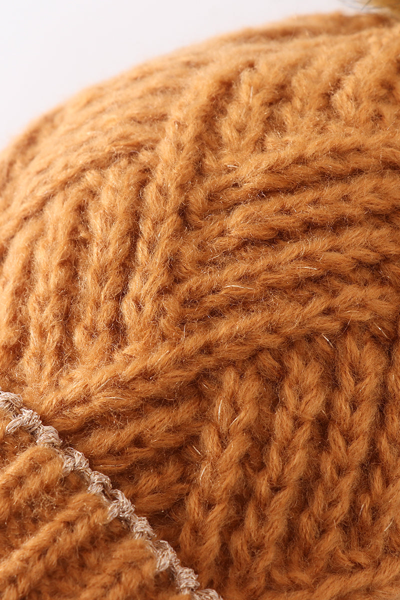 Camel Herringbone Pom-Pom Cozy Beanie Hats for Baby, Toddlers and Adults by Honey Bean