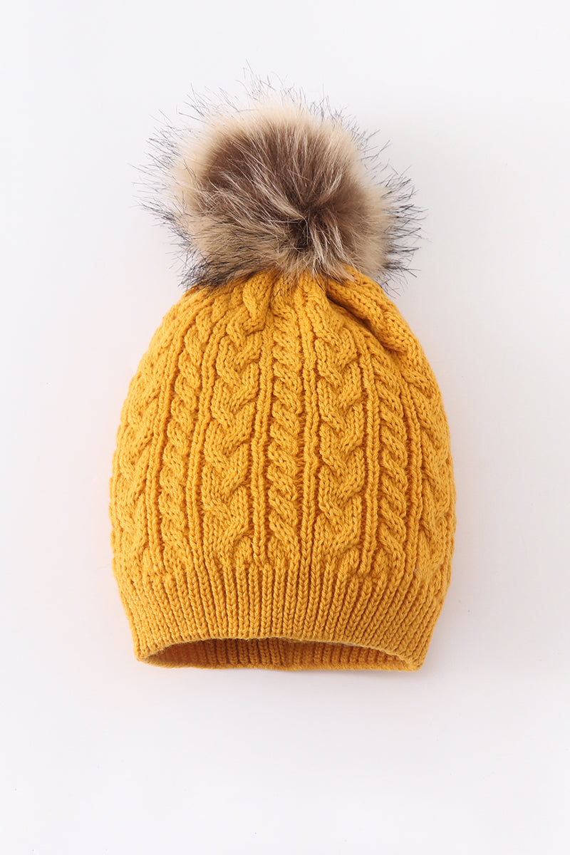 Cozy Mustard Cable Knit Pom-Pom Beanie Hats for Baby, Toddlers and Adults by Honey Bean