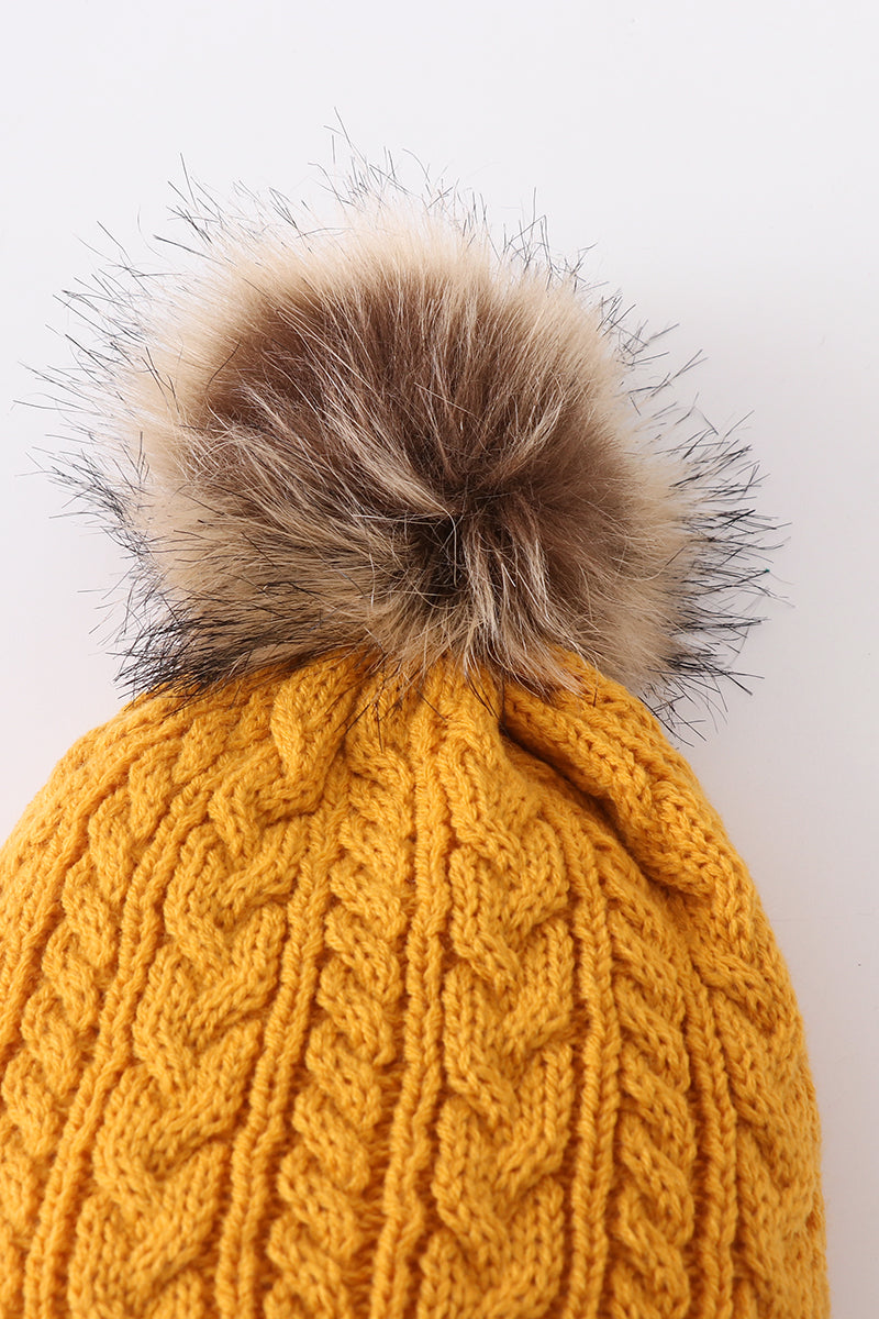 Cozy Mustard Cable Knit Pom-Pom Beanie Hats for Baby, Toddlers and Adults by Honey Bean