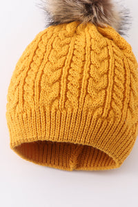 Cozy Mustard Cable Knit Pom-Pom Beanie Hats for Baby, Toddlers and Adults by Honey Bean