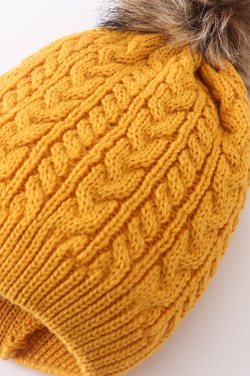 Cozy Mustard Cable Knit Pom-Pom Beanie Hats for Baby, Toddlers and Adults by Honey Bean