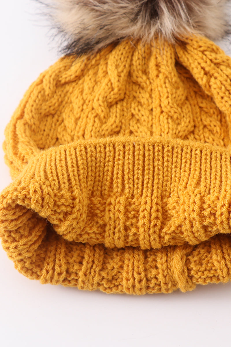 Cozy Mustard Cable Knit Pom-Pom Beanie Hats for Baby, Toddlers and Adults by Honey Bean