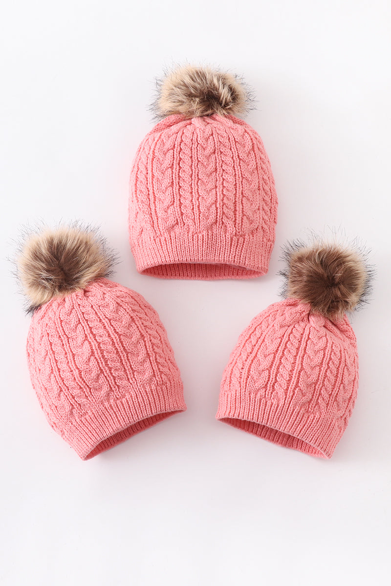 Bubblegum Pink Cable Knit Pom-Pom Beanie Hats for Baby, Toddlers and Adults by Honey Bean