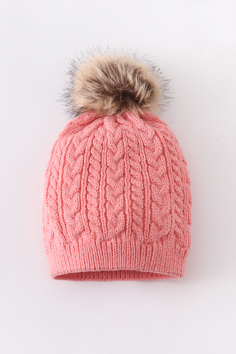 Bubblegum Pink Cable Knit Pom-Pom Beanie Hats for Baby, Toddlers and Adults by Honey Bean