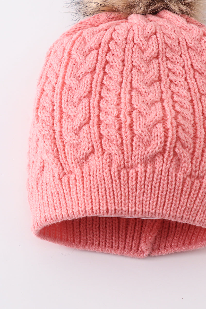 Bubblegum Pink Cable Knit Pom-Pom Beanie Hats for Baby, Toddlers and Adults by Honey Bean