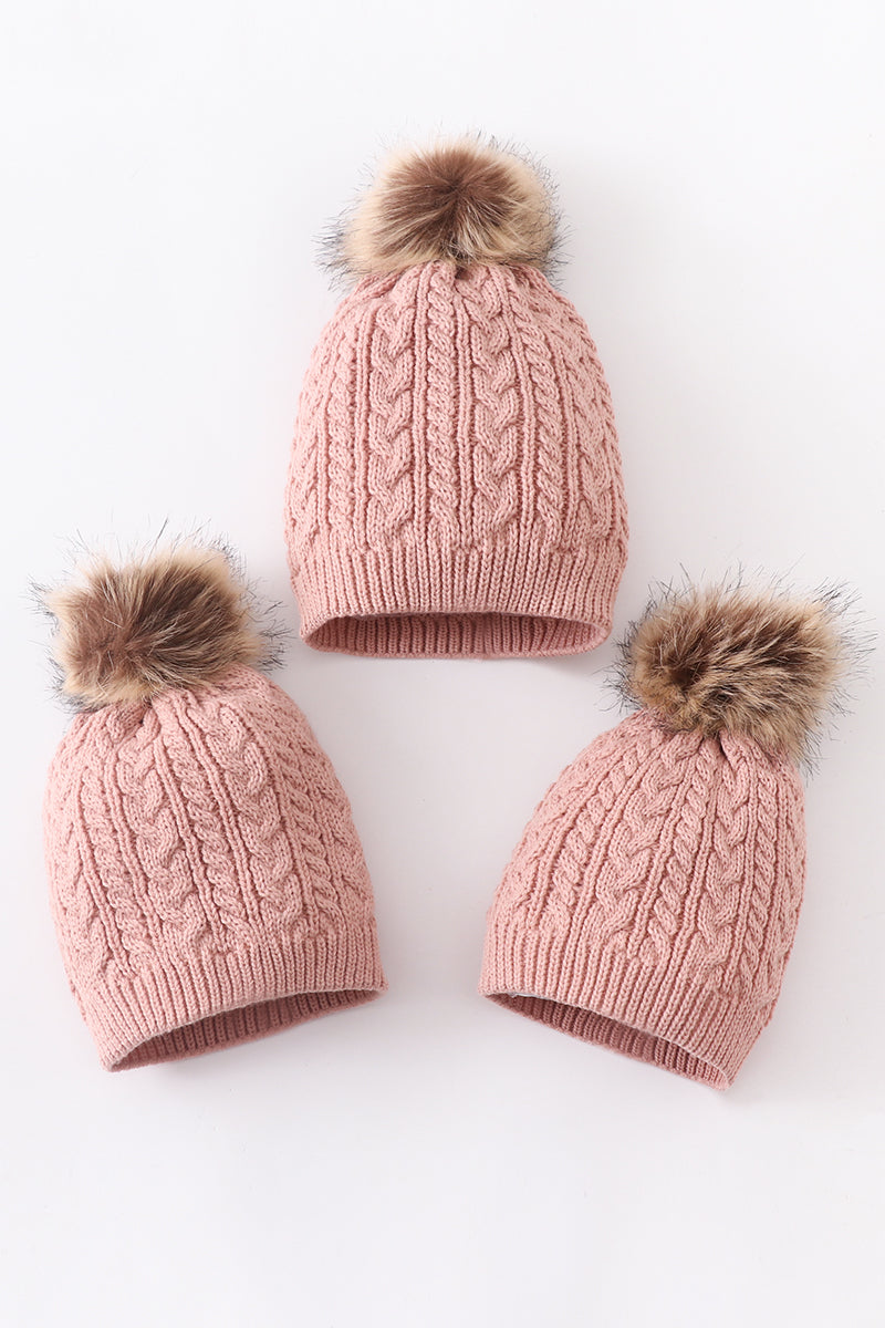 Dust Rose Cable Knit Pom Beanie Hats for Baby, Toddlers and Adults by Honey Bean