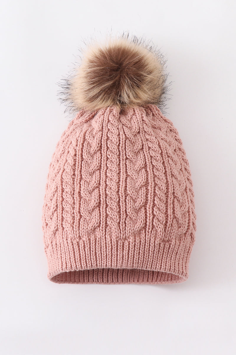 Dust Rose Cable Knit Pom Beanie Hats for Baby, Toddlers and Adults by Honey Bean