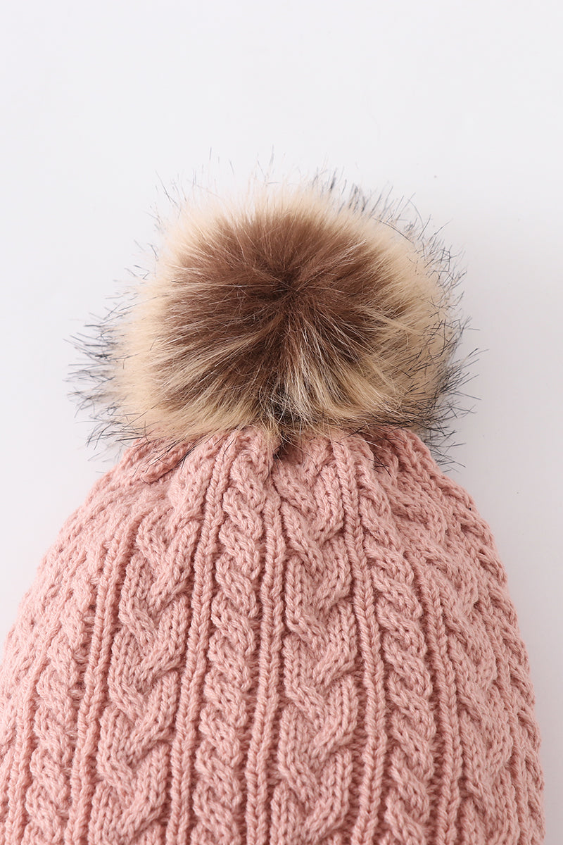 Dust Rose Cable Knit Pom Beanie Hats for Baby, Toddlers and Adults by Honey Bean