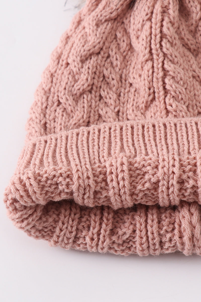 Dust Rose Cable Knit Pom Beanie Hats for Baby, Toddlers and Adults by Honey Bean