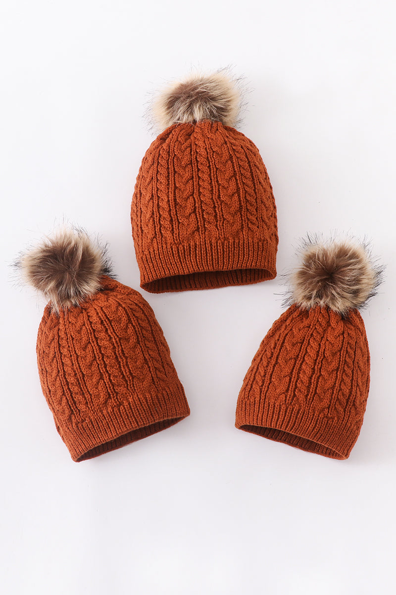 Rust Cable Knit Pom Beanie Hats for Baby, Toddlers and Adults by Honey Bean