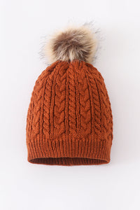 Rust Cable Knit Pom Beanie Hats for Baby, Toddlers and Adults by Honey Bean