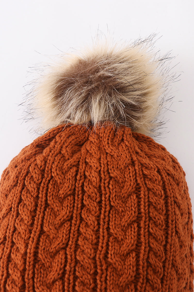 Rust Cable Knit Pom Beanie Hats for Baby, Toddlers and Adults by Honey Bean