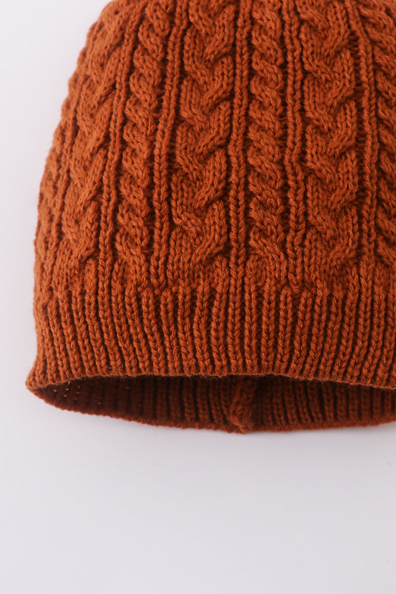 Rust Cable Knit Pom Beanie Hats for Baby, Toddlers and Adults by Honey Bean