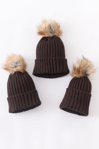 Brown Rib Knit Pom-Pom Beanie Hats for Baby, Toddlers and Adults by Honey Bean