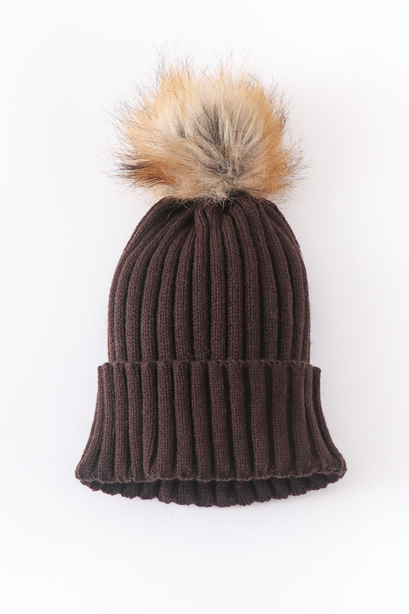 Brown Rib Knit Pom-Pom Beanie Hats for Baby, Toddlers and Adults by Honey Bean