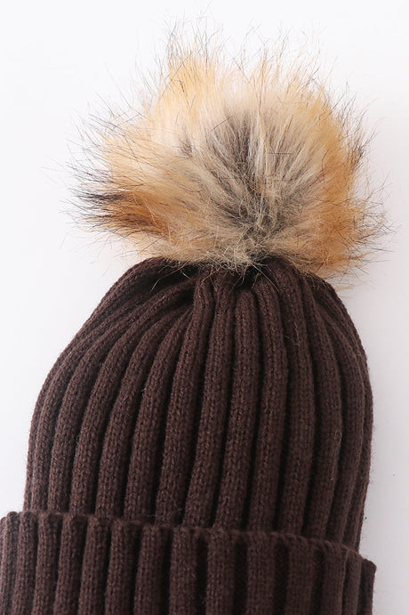 Brown Rib Knit Pom-Pom Beanie Hats for Baby, Toddlers and Adults