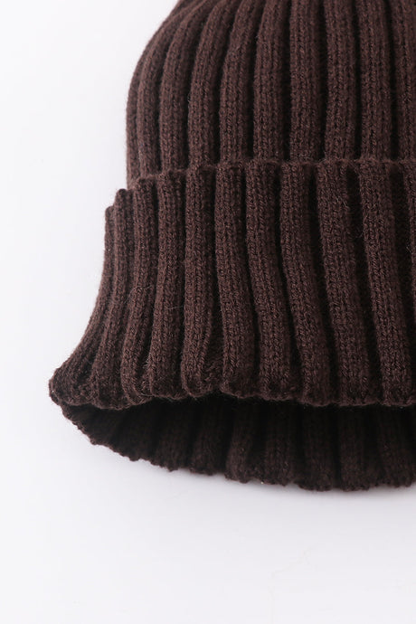 Brown Rib Knit Pom-Pom Beanie Hats for Baby, Toddlers and Adults