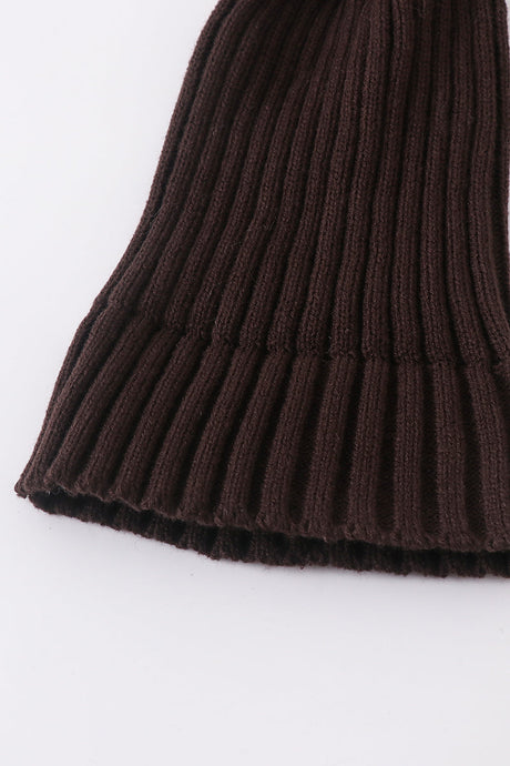 Brown Rib Knit Pom-Pom Beanie Hats for Baby, Toddlers and Adults