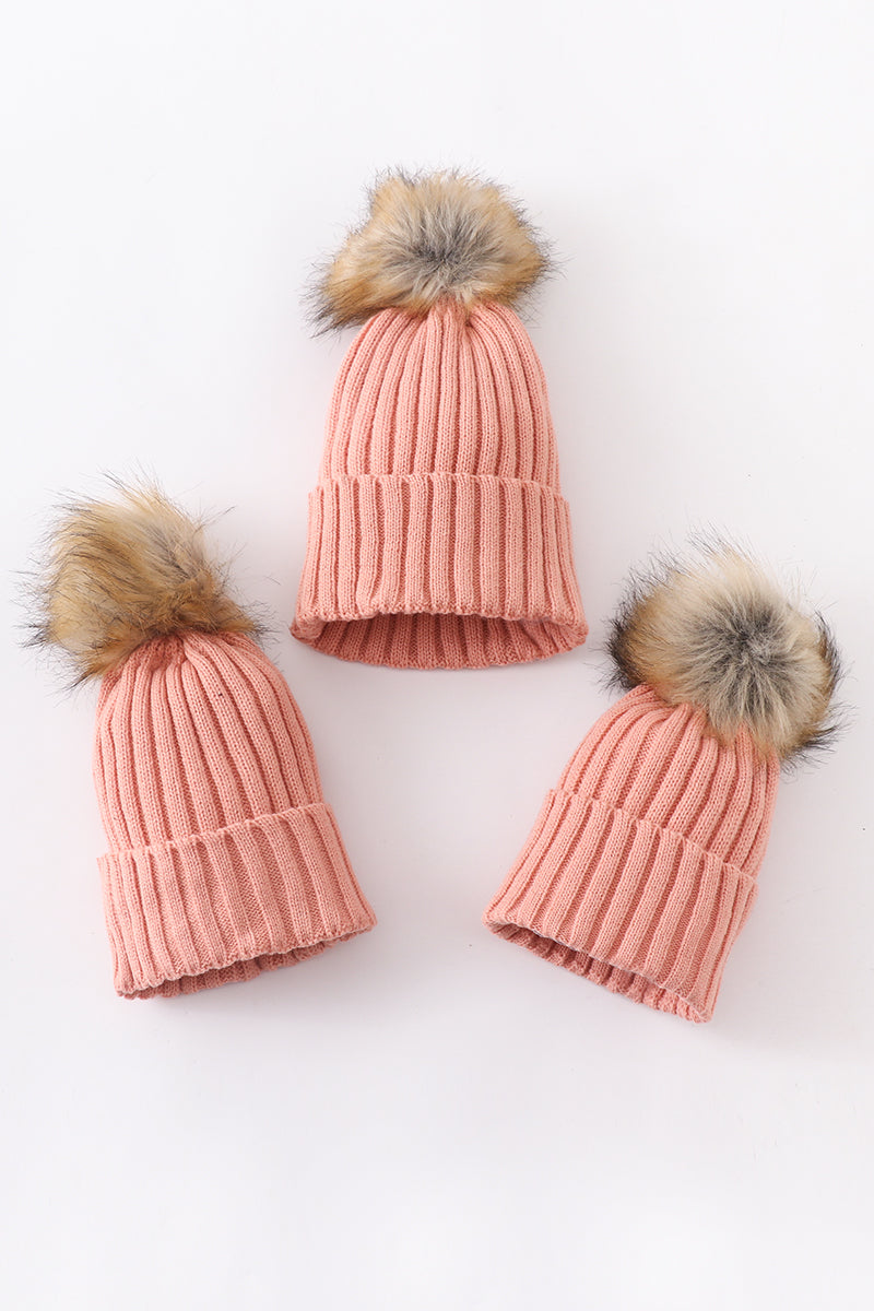 Coral Pink Rib Knit Pom-Pom Beanie Hats for Baby, Toddlers and Adults by Honey Bean