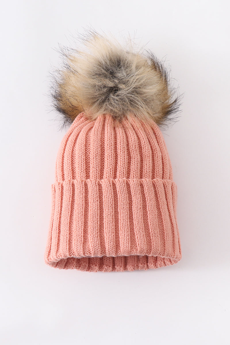 Coral Pink Rib Knit Pom-Pom Beanie Hats for Baby, Toddlers and Adults by Honey Bean