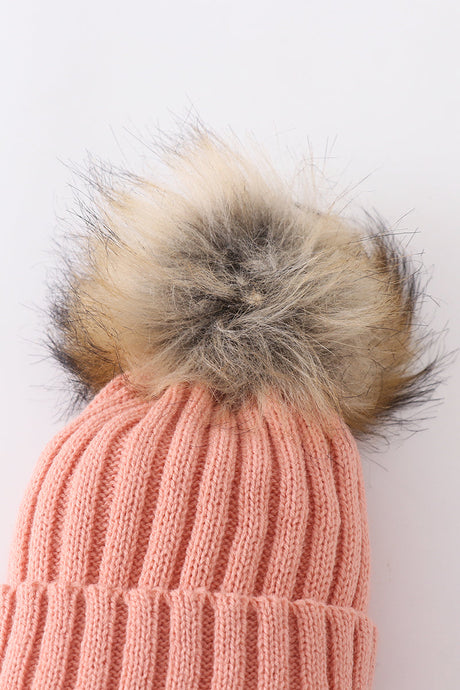 Coral Pink Rib Knit Pom-Pom Beanie Hats for Baby, Toddlers and Adults