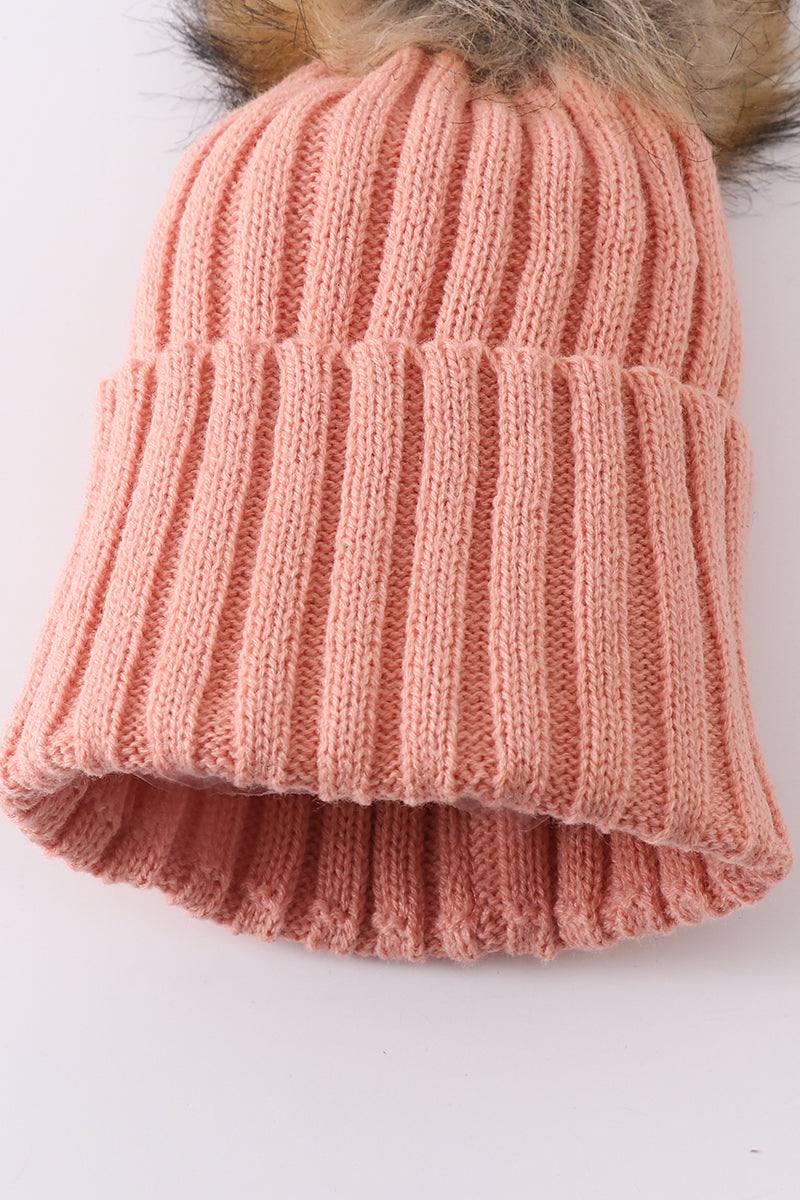 Coral Pink Rib Knit Pom-Pom Beanie Hats for Baby, Toddlers and Adults by Honey Bean