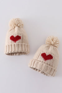 Cozy Hand Embroidered Cream Heart Knit Pom-Pom Beanie Hat by Abby & Evie