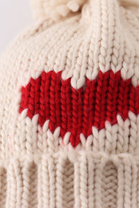 Cozy Hand Embroidered Cream Heart Knit Pom-Pom Beanie Hat by Abby & Evie