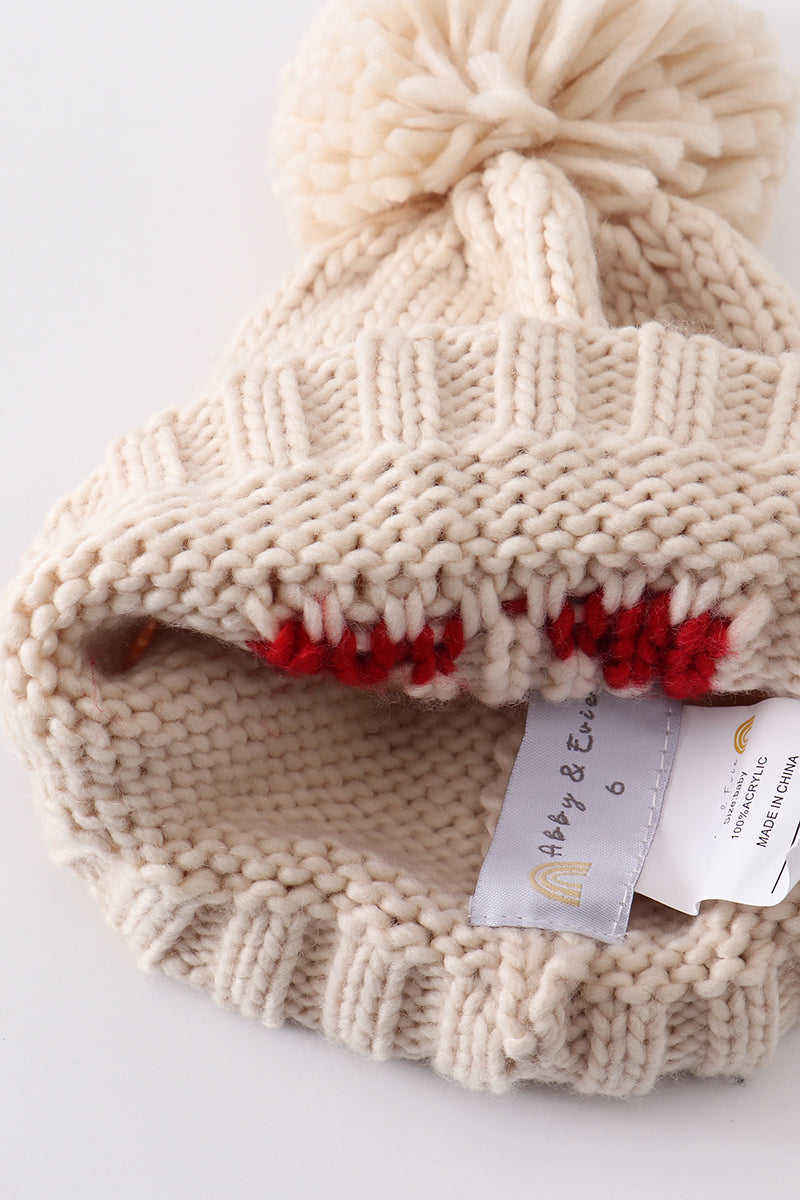 Cozy Hand Embroidered Cream Heart Knit Pom-Pom Beanie Hat by Abby & Evie