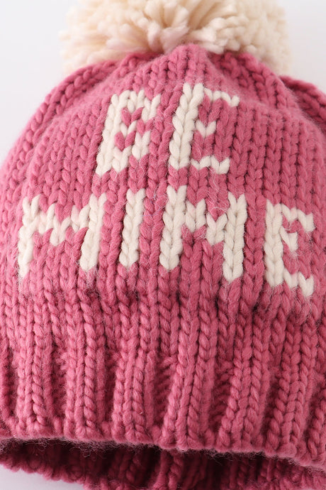 Pink “Be Mine” Embroidered Cable Knit Pom Beanie Hat by Abby & Evie
