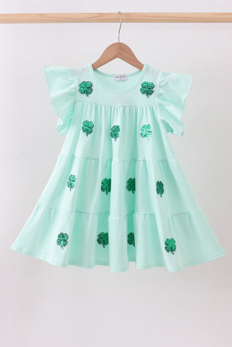 Lucky Clover Sequin Twirl Dress - Mint