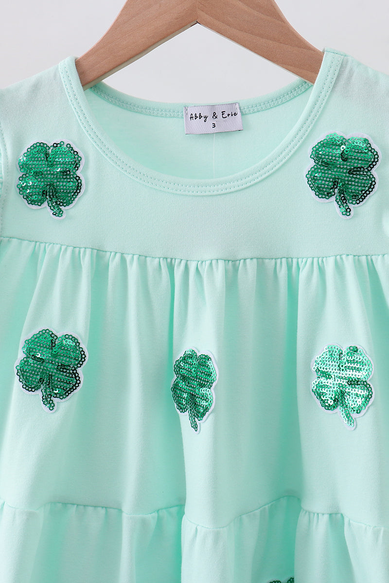 Lucky Clover Sequin Twirl Dress - Mint