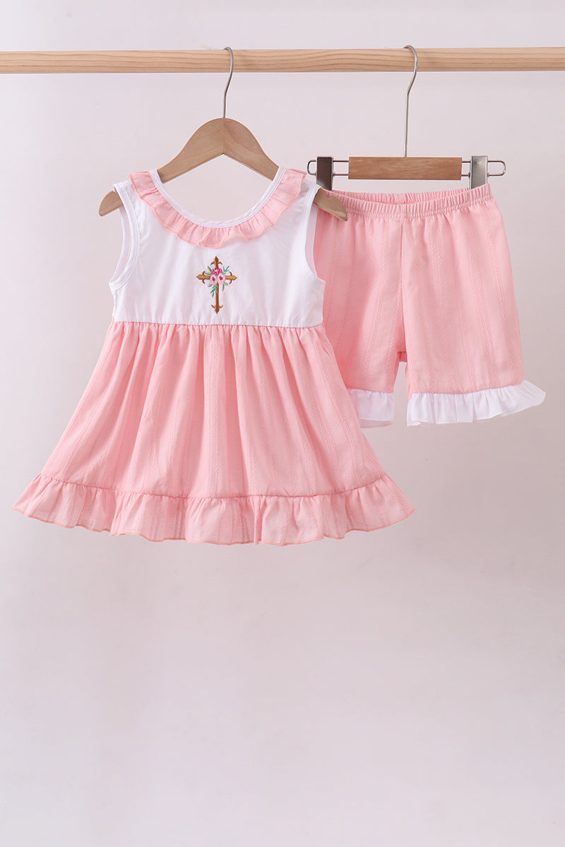 Pink Cross Jacquard Tunic Set