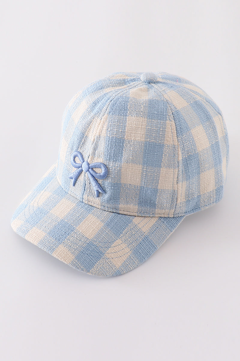 Blue Gingham Baseball Cap with an Embroidered Bow by Abby & Evie