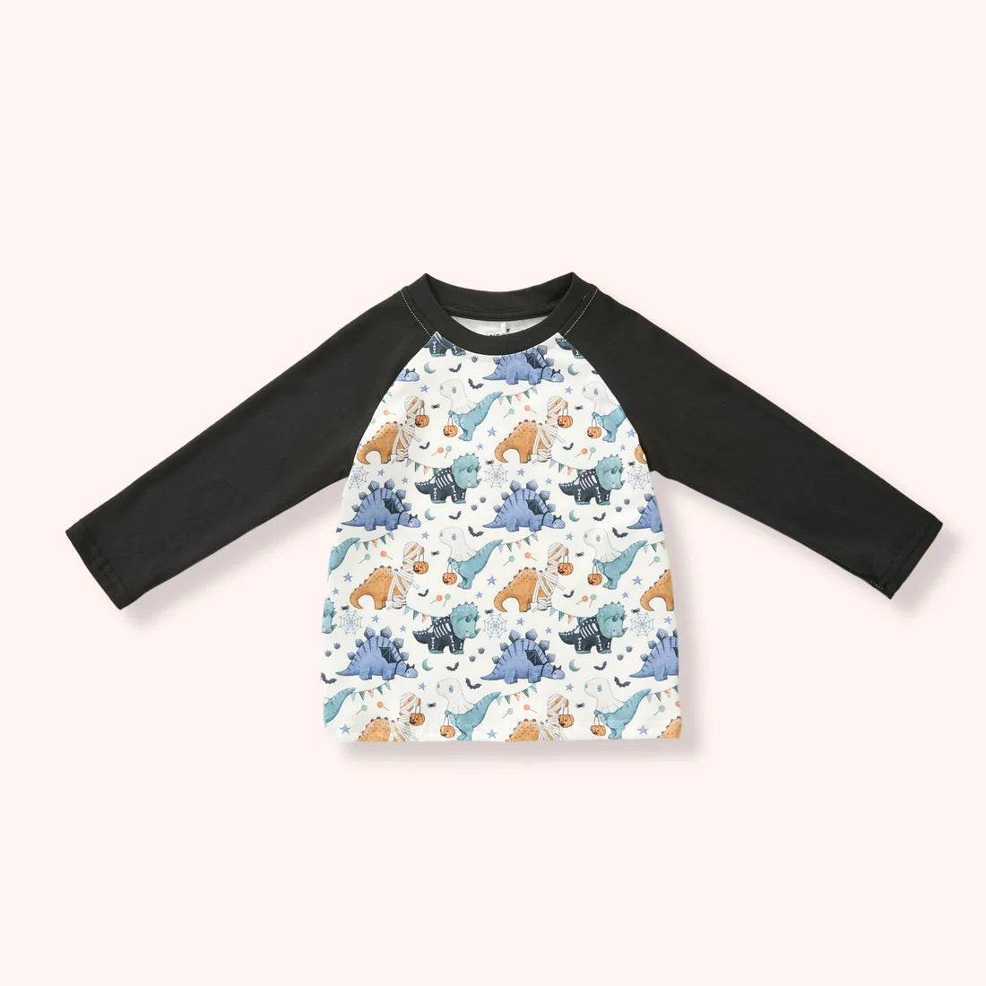 Boys cream Halloween dinosaur raglan shirt with black long sleeves, pumpkins, bats and blue and teal dinosaurs.
