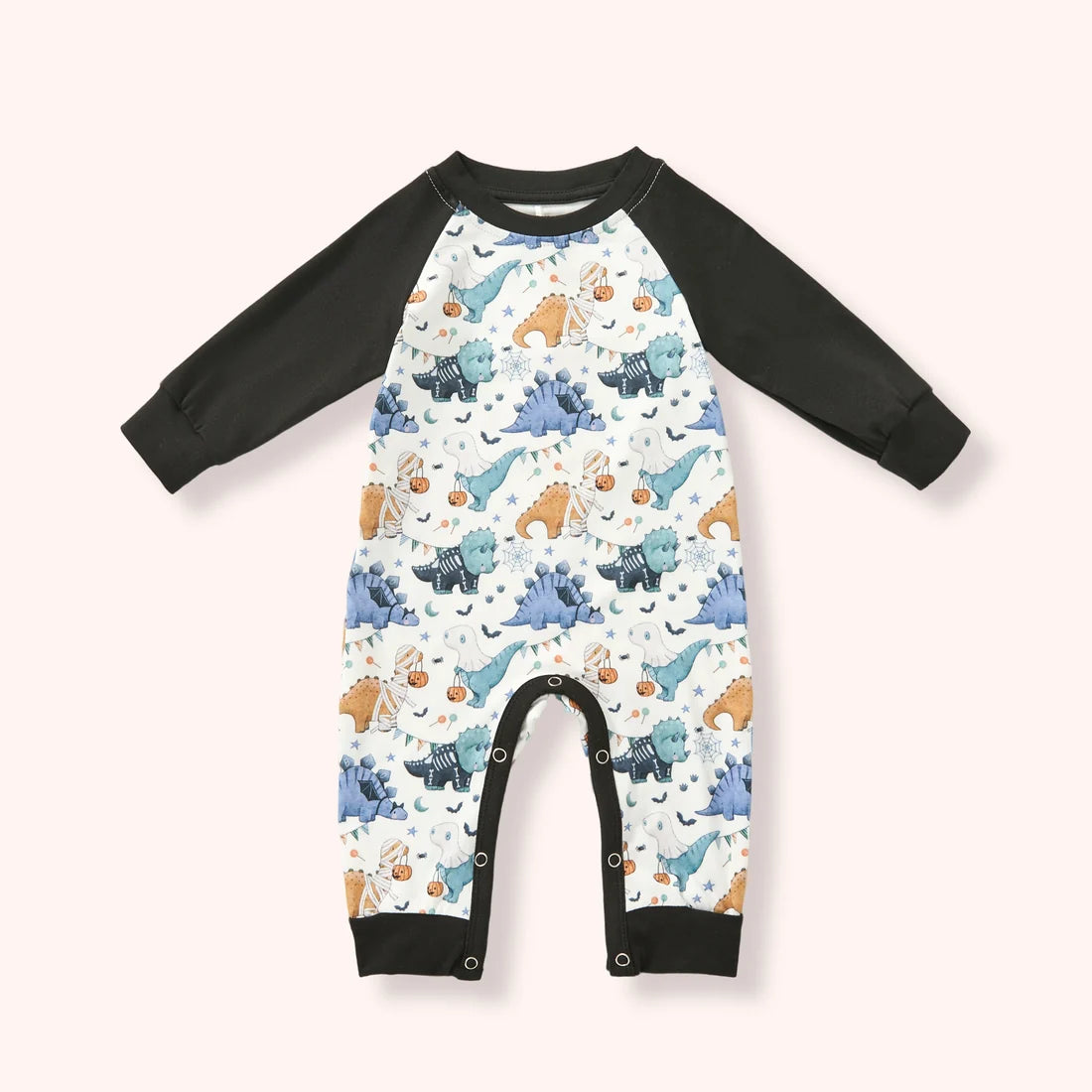 Baby boys cream Halloween dinosaur romper with black long sleeves, pumpkins, bats and snap closure.