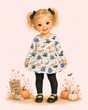 Illustrated blonde girl wearing a Halloween dinosaur tunic and black leggings with pumpkins and fall flowers.