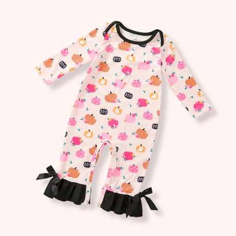 Baby cream pumpkin and “BOO” print romper with black ruffle ankle cuffs and bows.